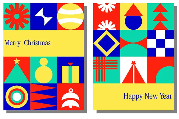 多色の要素を持つ幾何学的なタイルのクリスマスの背景デザインのセット グリーティングカード ポスター チラシ ウェブバナー 装飾など — ストックベクタ