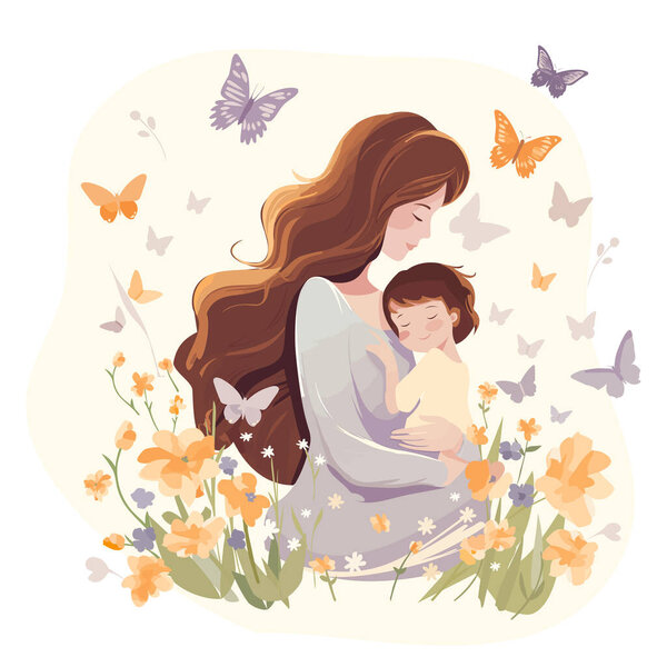 День матери плоские векторные иллюстрации карты на белом фоне. любящая мать и ребенок обнимаются, окруженные нежными цветами и бабочкой