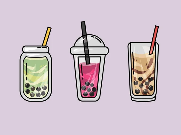 Set Vector Illustrations Bubble Tea Full Colored Three Cups Straws — Stock Vector