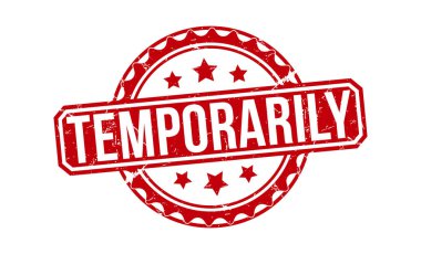 Beyaz arka planda geçici olarak kırmızı kauçuk damgası var. Geçici damga işareti. geçici damga.