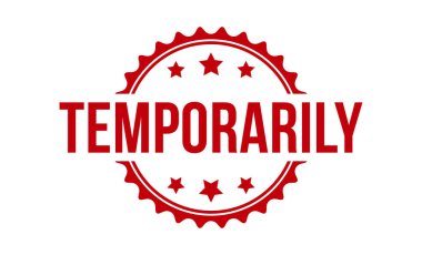 Beyaz arka planda geçici olarak kırmızı kauçuk damgası var. Geçici damga işareti. geçici damga.