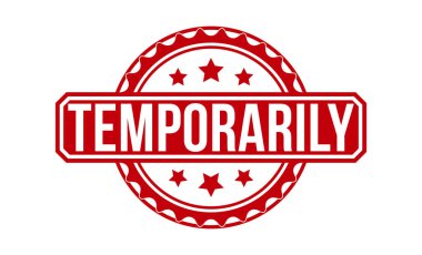 Beyaz arka planda geçici olarak kırmızı kauçuk damgası var. Geçici damga işareti. geçici damga.