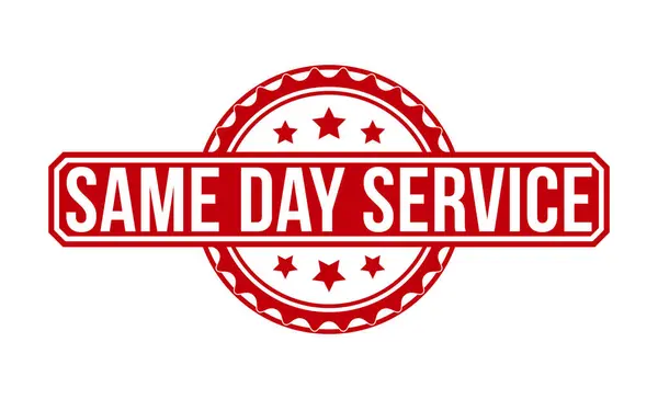 Aynı gün, beyaz arka planda kırmızı lastik damga var. Aynı Gün Hizmet damgası