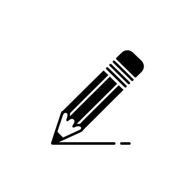 Siyah ve beyaz bir ikon çizgili bir çizgi çizen bir kalem sunar. Kalem, aşağı doğru açılı, bir silgiye ve yazma veya çizim eylemini gösteren sivri uçlu bir uca sahiptir..