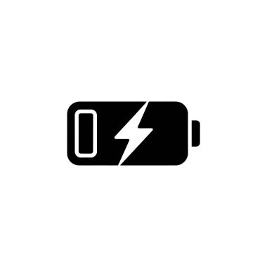 Temiz şeffaf bir arkaplan karşısında belirgin bir beyaz yıldırımla siyah pil simgesini içeren basit bir tasarım..