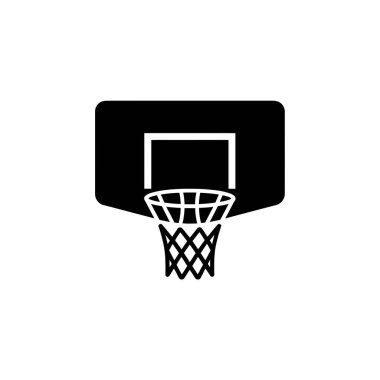 Ayrıntılı vektör illüstrasyonunda beyaz arka planda siyah bir siluet olarak sunulan ağlı bir basketbol potası sergilenmektedir. Spor temalı tasarımlar için ideal.