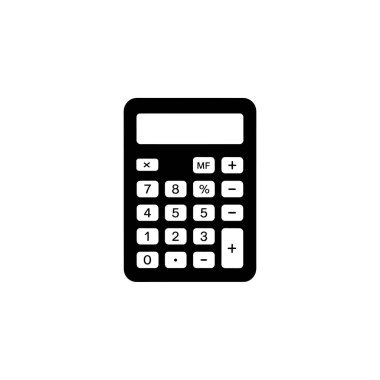 Siyah-beyaz hesap makinesinin basit vektör çizimi. Ekran alanı özellikleri ve sayılar için işaretlenmiş düğmeler, toplama ve çıkarma gibi matematiksel işlemler.