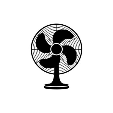 Detaylı bir siyah-beyaz vektör grafiği bir masa vantilatörü gösterir. Vantilatörde koruyucu bir kafes, üç bıçak ve minimalist tarzda tasarlanmış sağlam bir taban var..