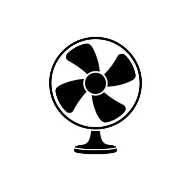 Soğutma kavramları için beyaz arka planda dört bıçak ve dairesel bir tasarım sergilenen klasik, siyah ve beyaz masa hayran illüstrasyonunun göz seviyesinde bir görüntüsü.