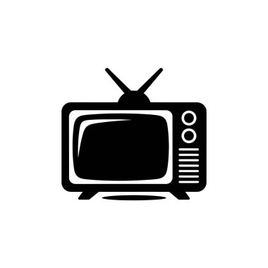 Klasik bir analog televizyonun yer aldığı basit, siyah-beyaz bir illüstrasyon. Tasarım beyaz arkaplanda bir ekran, anten, düğmeler ve ayrıntıları gösterir.