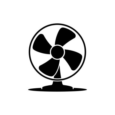 Bu resim, bir masa vantilatörünün minimalist siyah beyaz çizimini, dairesel bir çerçeve ve tabanda dört bıçakla gösteriyor..