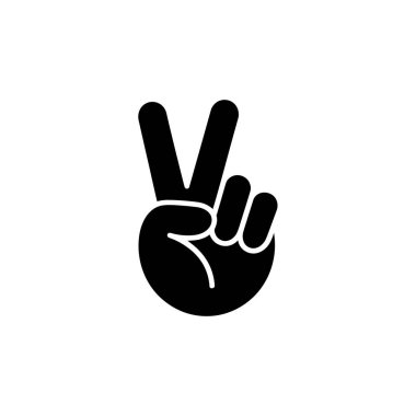 Barış işareti veren bir elin düz siyah ve beyaz vektör çizimi. İki parmak yukarıda, iki parmak aşağıda, beyaz arka planda..