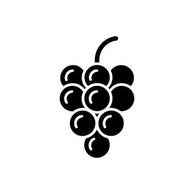 Beyaz zemin üzerinde üzümlerin basit, siyah bir grafik tasviri içeren vektör illüstrasyonu, çeşitli tasarım amaçları için uygun tek bir simge olarak sunulmuştur.