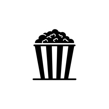 Bu monokrom görüntüde bir patlamış mısır kovasının stilize edilmiş siyah beyaz ikonu var. Kova çizgili ve patlamış mısırla dolu, film ve atıştırmalık temalar için mükemmel..