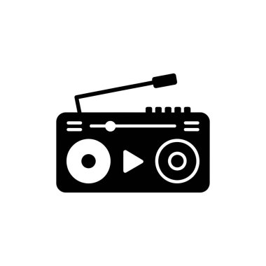 Vektör illüstrasyonu, geri çekilebilir anten, düğmeler, kaydırma, oynatma sembolü ve temiz beyaz arkaplana karşı hoparlör anahatları içeren siyah beyaz bir radyo ikonu gösterir.
