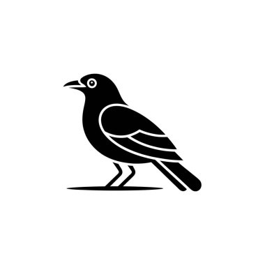 Grafiksel illüstrasyonda, yerde kısa bacaklar üzerinde duran, siyah beyaz ve siyah renkte belirgin detaylar içeren, siyah ve silüet şeklinde siyah bir kuş yer almaktadır..