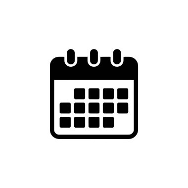 İzole edilmiş bir siyah takvim simgesi, temiz ve minimalist bir vektör tasarımı olarak gösterilen şeffaf bir arkaplan üzerinde kare bir ızgara deseni gösterir.