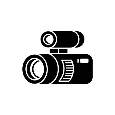 Şeffaf arkaplan üzerine bir lens, flaş ve ayarlama paneli ile profesyonel bir fotoğrafçılık ekipmanı siluetini gösteren minimal bir siyah kamera simgesi.