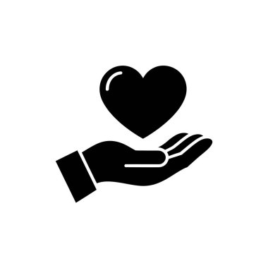 Bir kalbin silueti açık bir elin üzerinde yüzer. Tarzı kabartma, temiz beyaz bir arkaplan. Minimalist tasarım.