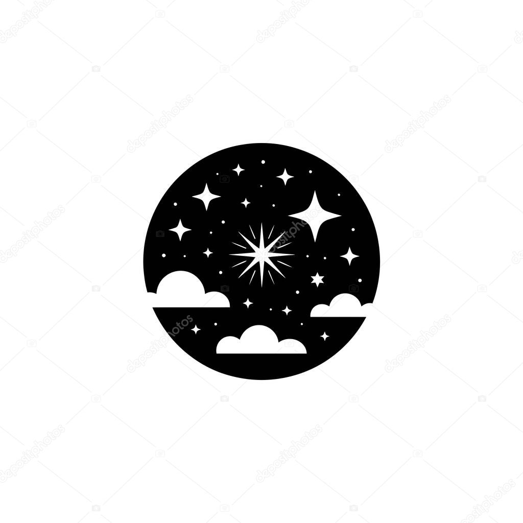 A monochrome illustration showcasing a night sky filled with stars and clouds, framed within a circle, highlighted by a central starburst motif in vector format.