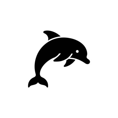 Bu resim siyah, minimalist bir yunus siluetinin canlı, beyaz bir arka planda şakayla yukarı sıçramasını gösteriyor. Yunusun şekli açıkça belirtilmiş..