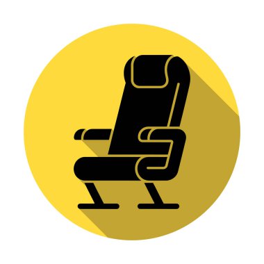 Başrolde, bir uçak koltuğunun siyah silueti, ikon tarzı. İnce, yumuşak bir gölgeyle güçlendirilmiş, parlak sarı dairesel bir zemin üzerine kuruludur..