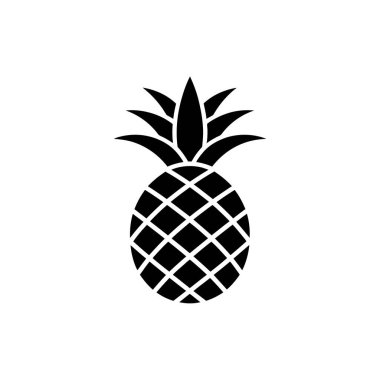 İzole edilmiş tropik bir ikon olarak tasarlanmış şeffaf bir arkaplanda siyah bir ananası gösteriyor. Ayırt edici, ızgara deseni şeklini vurgular..