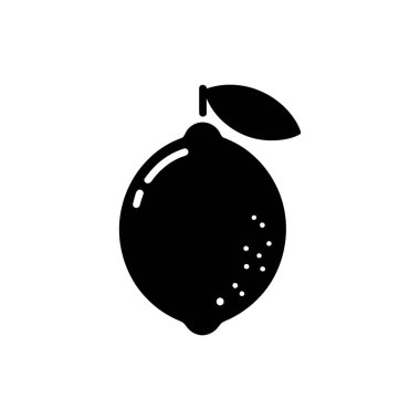 İzole edilmiş vektör illüstrasyonunda siyah bir zemin üzerinde siyah bir yaprak ve sapla tüm bir limon gösterilir, gamzeli yüzeyini vurgular..