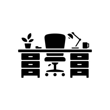 İzole edilmiş bir siyah vektör simgesi, beyaz arka planda bir ofis masası, bir sandalye, bir lamba, bir saksı ve bir kupa gösterir..