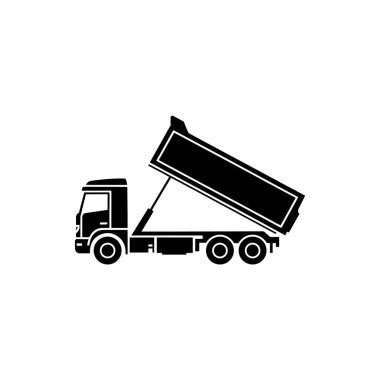 İzole grafikler, yatağı yukarı eğimli, hidrolik destek gösteren siyah bir damperli kamyon tasvir ediyor. Bu ağır yük kamyonu genellikle malzeme taşımak için kullanılır..