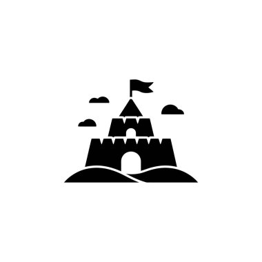 Bu canlı, minimalist illüstrasyon, arka planda bir bayrak ve büyüleyici bulut ayrıntılarıyla kum tepeciğindeki bir kumdan kalenin siyah siluetini gösteriyor..