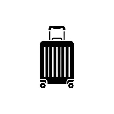 Minimalist siyah siluet bir resim, temiz beyaz bir arkaplan üzerine kurulmuş, teleskopik saplı ve dört tekerlekli dikey çizgili bir bavul gösterir..