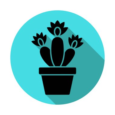 Tenceredeki çiçekli kaktüsün izole edilmiş siyah silueti dairesel bir turkuaz arka planda. Görüntünün kaktüsün şeklini vurgulayan uzun bir gölge etkisi var..