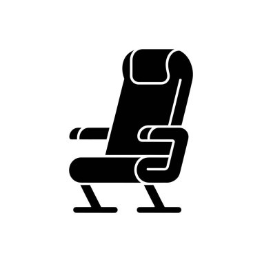 Bu vektör illüstrasyonunda bir uçak koltuğunun parlak siyah silueti yer alıyor, başlık, kolluk ve sağlam destek bacaklarıyla birlikte, beyaz bir arka plan üzerine kurulmuş..