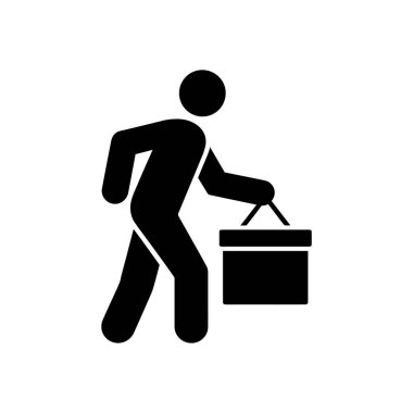 Üzerinde sapları olan kare bir kutu taşıyan siyah bir siluet çubuk figürü. Beyaz bir arka planda sola doğru yürüyor..