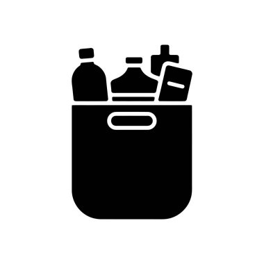 Ayrı bir görüntü, içinde çeşitli şişe ve kutu şekilli eşyalar bulunan siyah silüet bir alışveriş poşeti gösteriyor. Bu da poşetin içinde yiyecek veya alışveriş olduğunu gösteriyor..