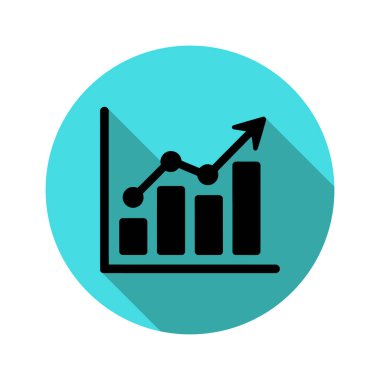 Görüntü, pozitif bir eğilim çizgisi ve yükselen çubukları olan bir siyah iş grafiği gösteriyor, beyaz bir arkaplan üzerinde gölge etkisi olan bir göktaşı çemberine yerleştirilmiş..