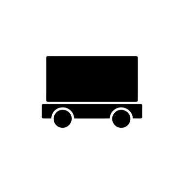 Minimalist siyah bir siluet düz beyaz arka planda iki tekerlekli düz bir sepet tasvir eder. El arabasında dikdörtgen bir üst bölüm var..