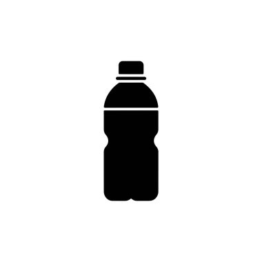 Plastik bir su şişesinin silüetini gösteren minimalist siyah ve beyaz bir görüntü, katıksız beyaz bir arka plan üzerine kurulmuş..