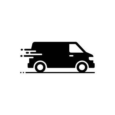 Bu vektör resmi, hareket çizgileriyle gösterilen, sağa doğru hızla hareket eden bir teslimat aracının siyah siluetini gösteriyor. Temiz beyaz arkaplanda ayarla.