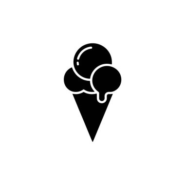 Minimalist siyah siluet, üzerinde üç kepçe dondurma olan bir koniyi bembeyaz arka planda basit ve simgesel bir tatlıyı yakaladığını gösteriyor..