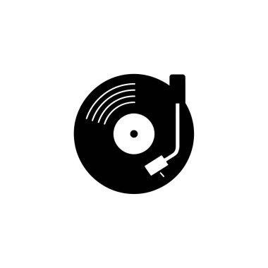 Vinil bir pikabın minimalist siyah silüeti. Tasarım, plağı, bir ton kolunu ve temiz, vektör grafik biçiminde yivleri gösterir..