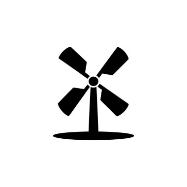 Dört bıçaklı bir rüzgar türbini ikonunun izole edilmiş düz stil tasarımı minimum enerji üretimi konsepti sağlıyor. Beyaz arka planda temiz ve çok yönlü.