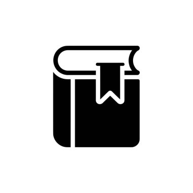 Siyah doldurulmuş bir kitap ikonu, sayfa işaretli bir kurdele yer imi ile birlikte beyazın üzerinde izole bir şekilde duruyor. Minimalist tasarım.