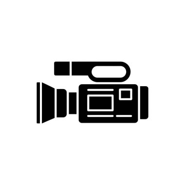 İzole edilmiş siyah kamera, sapı ve görüşü var. Saydam bir arkaplan ile video kaydını ve yayıncılığını temsil eder.