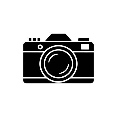Minimalist kamera simgesi, şeffaf bir arkaplan üzerine ayarlanmış, lens detayına sahip klasik bir fotoğrafçılık aracı sergiliyor.
