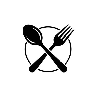 Şeffaf bir arkaplanda çapraz gümüş çatal bıçak simgesi. Dairesel çerçevedeki çatal ve kaşık yemek ya da yemek konseptini temsil eder..