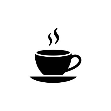 Dumanı tüten içki bardağının silueti. Siyah tasarım. Buharlı fincan. Tasarımlarda ve kolay entegrasyon için şeffaf arkaplan.