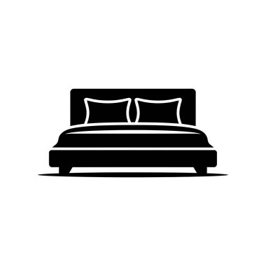 Çift kişilik bir yatağın, şeffaf bir zemin üzerinde yastıklar, yataklar ve yatak başlığıyla dolu katı bir silueti var..