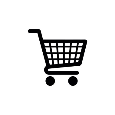 Beyaz üzerine siyah alışveriş arabası simgesinin basit düz tasarımı. Saydam bir arkaplanda çevrimiçi perakende ve dijital ticareti sembolize eder.